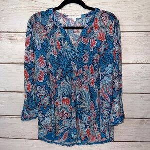 Elegant Floral Women's Blouse in Blue and Red Size Large
